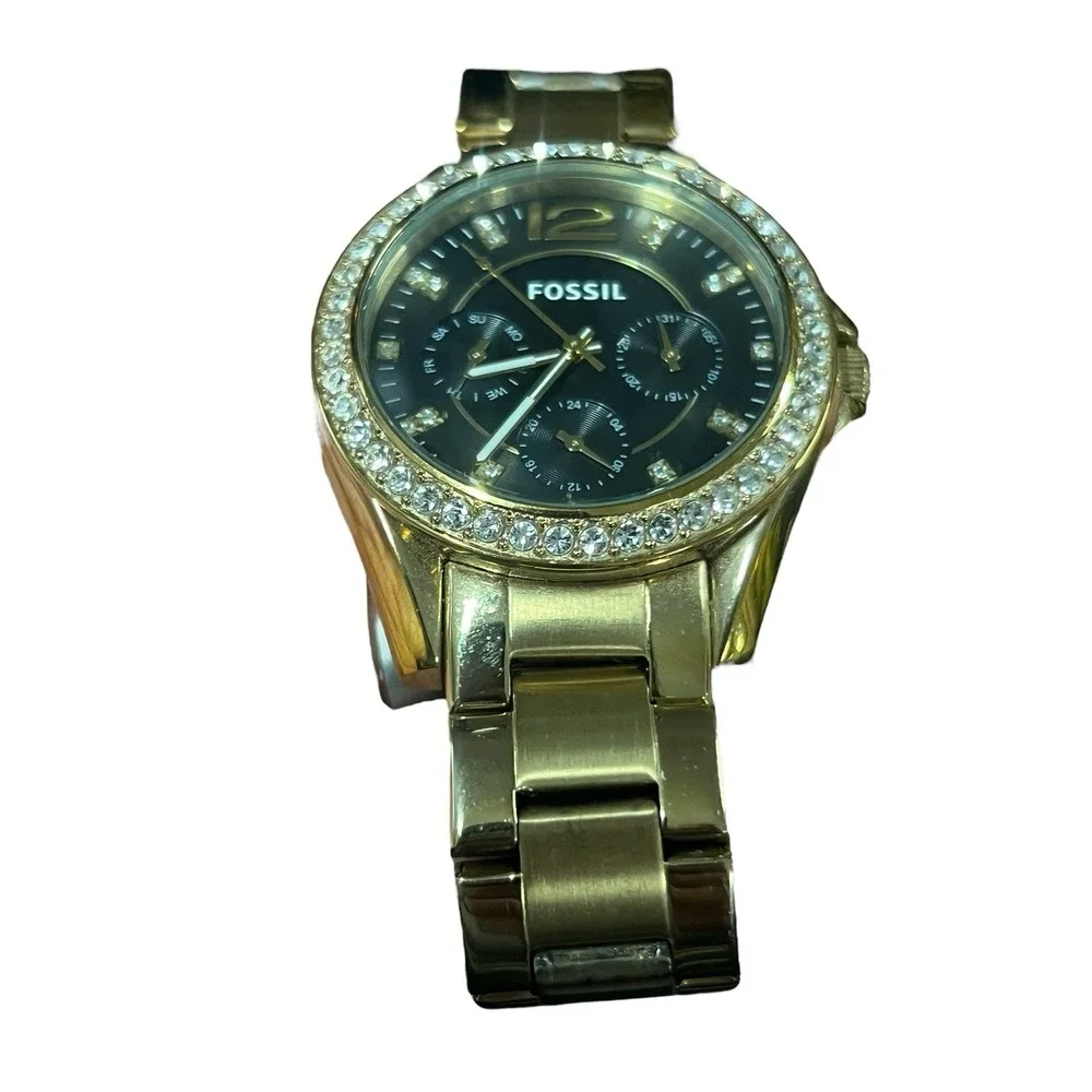 Fossil Riley ES 3384 Gold Bracelet Black‎ Face Swarovski Crystal Dial & Bezel